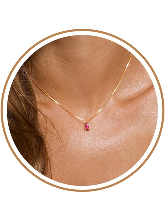 Gold Necklace with Pink Rectangular Cubic Zirconia Pendant - Women Jewelry - Picture 2 of 3